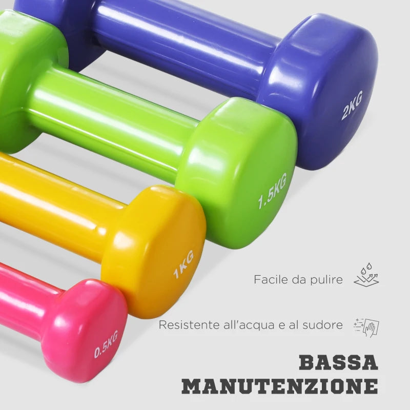 HOMCOM Manubri Pesi, Set Manubri Palestra da 10kg con Valigetta 4 Paia di Manubri Colorati (2x0.5kg, 2x1kg, 2x1.5kg, 2x2kg)