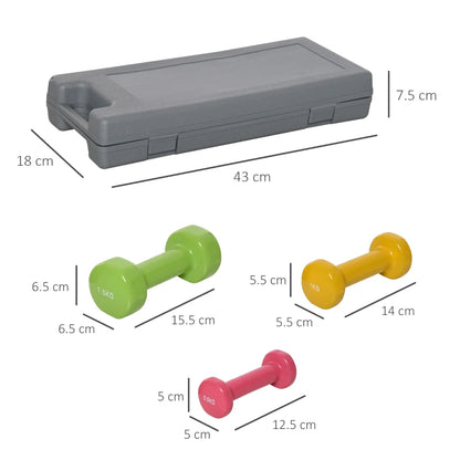 HOMCOM Set Manubri Pesi per Braccia con Valigetta, 6 Manubri da 0.5kg 1kg 1.5kg Acciaio e Rivestimento PU, Rosso Giallo e Verde