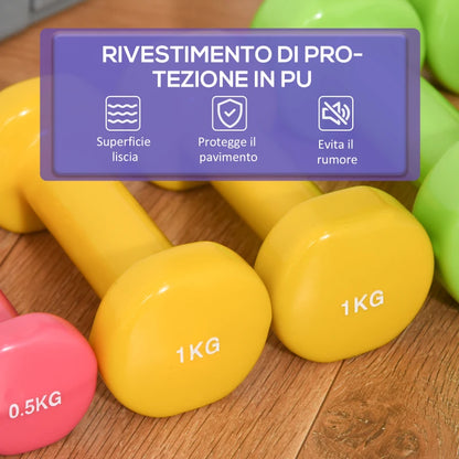 HOMCOM Set Manubri Pesi per Braccia con Valigetta, 6 Manubri da 0.5kg 1kg 1.5kg Acciaio e Rivestimento PU, Rosso Giallo e Verde