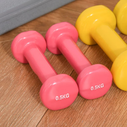 HOMCOM Set Manubri Pesi per Braccia con Valigetta, 6 Manubri da 0.5kg 1kg 1.5kg Acciaio e Rivestimento PU, Rosso Giallo e Verde