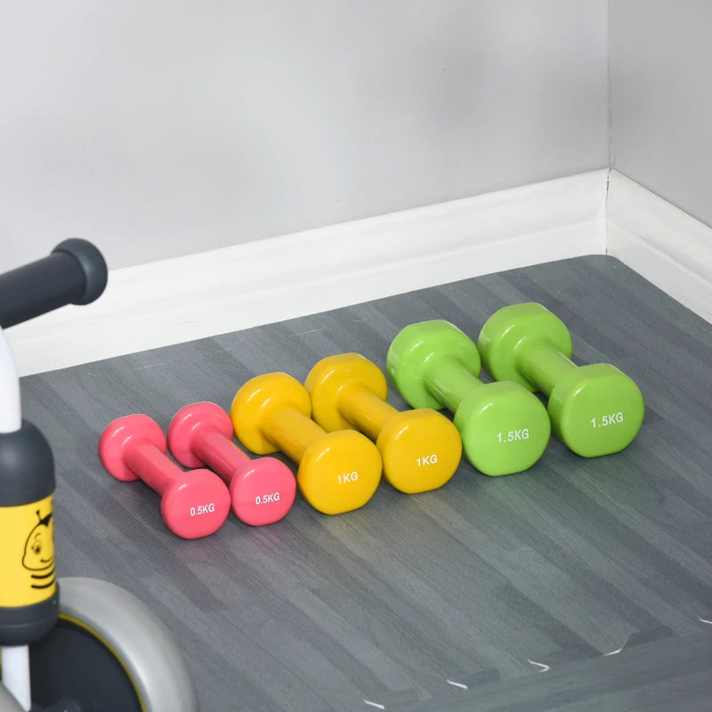 HOMCOM Set Manubri Pesi per Braccia con Valigetta, 6 Manubri da 0.5kg 1kg 1.5kg Acciaio e Rivestimento PU, Rosso Giallo e Verde
