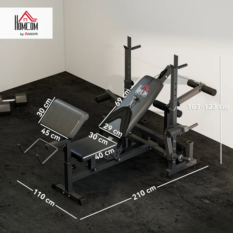 HOMCOM Panca da Palestra Regolabile con Supporto per Bilanciere, in Acciaio e PU, 210x110x103-123 cm, Nero