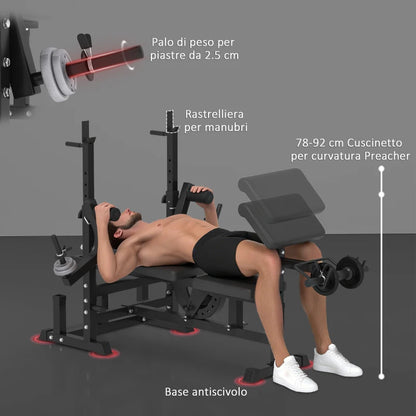 HOMCOM Panca da Palestra Regolabile con Supporto per Bilanciere, in Acciaio e PU, 210x110x103-123 cm, Nero