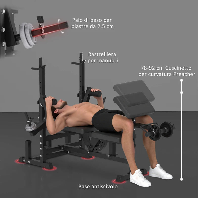 HOMCOM Panca da Palestra Regolabile con Supporto per Bilanciere, in Acciaio e PU, 210x110x103-123 cm, Nero