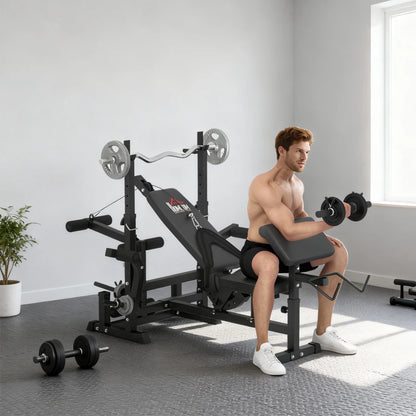 HOMCOM Panca da Palestra Regolabile con Supporto per Bilanciere, in Acciaio e PU, 210x110x103-123 cm, Nero