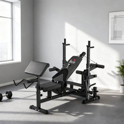 HOMCOM Panca da Palestra Regolabile con Supporto per Bilanciere, in Acciaio e PU, 210x110x103-123 cm, Nero
