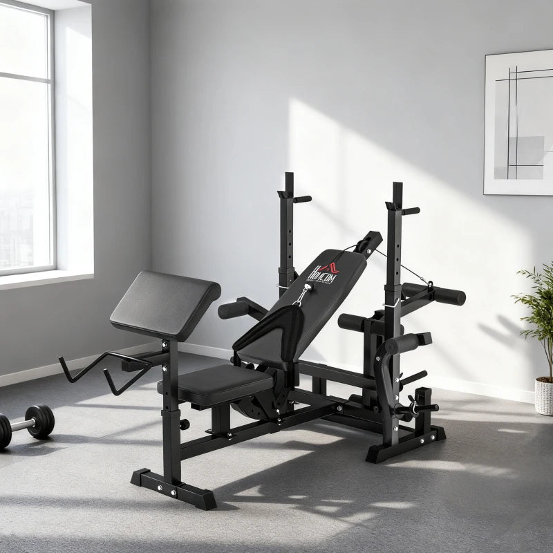 HOMCOM Panca da Palestra Regolabile con Supporto per Bilanciere, in Acciaio e PU, 210x110x103-123 cm, Nero