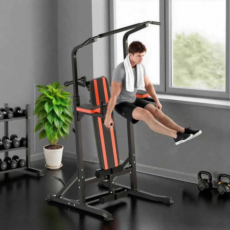 HOMCOM Power Tower Pieghevole, Stazione Fitness Multifunzione Regolabile in 7 Posizioni con Sbarra Trazioni, Dip Station, Pull UP Station e Panca Piana in Acciaio, per Home Gym Casa, Portata 150kg