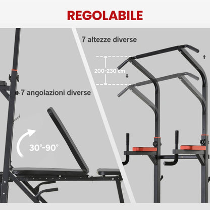 HOMCOM Power Tower Pieghevole, Stazione Fitness Multifunzione Regolabile in 7 Posizioni con Sbarra Trazioni, Dip Station, Pull UP Station e Panca Piana in Acciaio, per Home Gym Casa, Portata 150kg