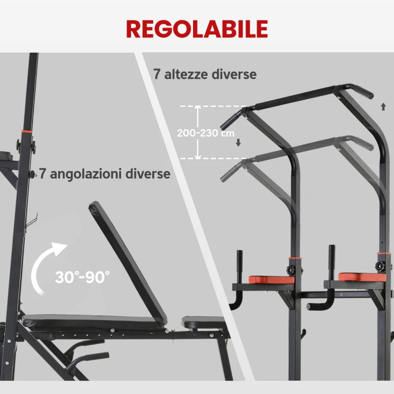 HOMCOM Power Tower Pieghevole, Stazione Fitness Multifunzione Regolabile in 7 Posizioni con Sbarra Trazioni, Dip Station, Pull UP Station e Panca Piana in Acciaio, per Home Gym Casa, Portata 150kg