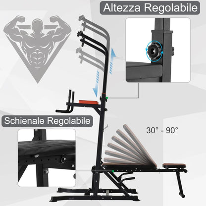 HOMCOM Power Tower Pieghevole, Stazione Fitness Multifunzione Regolabile in 7 Posizioni con Sbarra Trazioni, Dip Station, Pull UP Station e Panca Piana in Acciaio, per Home Gym Casa, Portata 150kg