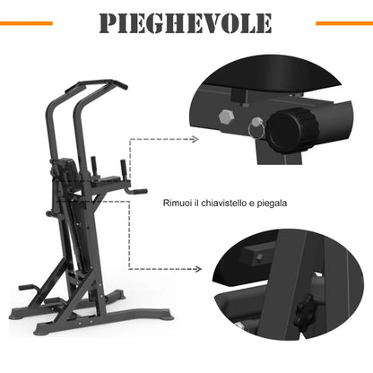 HOMCOM Power Tower Pieghevole, Stazione Fitness Multifunzione Regolabile in 7 Posizioni con Sbarra Trazioni, Dip Station, Pull UP Station e Panca Piana in Acciaio, per Home Gym Casa, Portata 150kg