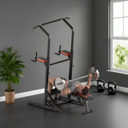 HOMCOM Power Tower Pieghevole, Stazione Fitness Multifunzione Regolabile in 7 Posizioni con Sbarra Trazioni, Dip Station, Pull UP Station e Panca Piana in Acciaio, per Home Gym Casa, Portata 150kg