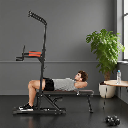 HOMCOM Power Tower Pieghevole, Stazione Fitness Multifunzione Regolabile in 7 Posizioni con Sbarra Trazioni, Dip Station, Pull UP Station e Panca Piana in Acciaio, per Home Gym Casa, Portata 150kg