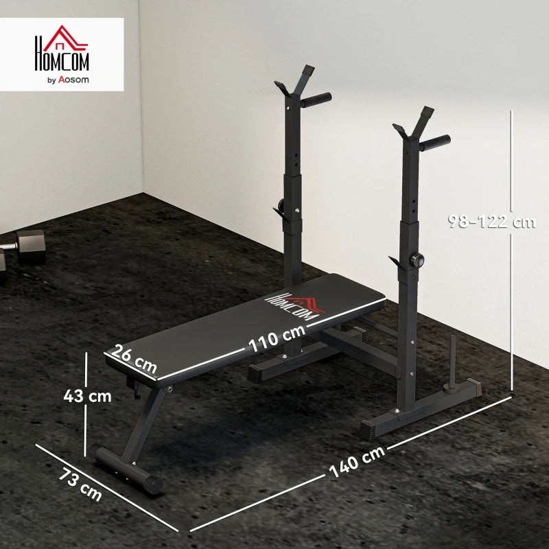 HOMCOM Panca Pesi Pieghevole con 8 Altezze Regolabili e Supporto Bilanciere in Acciaio e PU, 140x73x98-122 cm, Nera