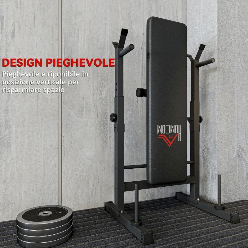 HOMCOM Panca Pesi Pieghevole con 8 Altezze Regolabili e Supporto Bilanciere in Acciaio e PU, 140x73x98-122 cm, Nera