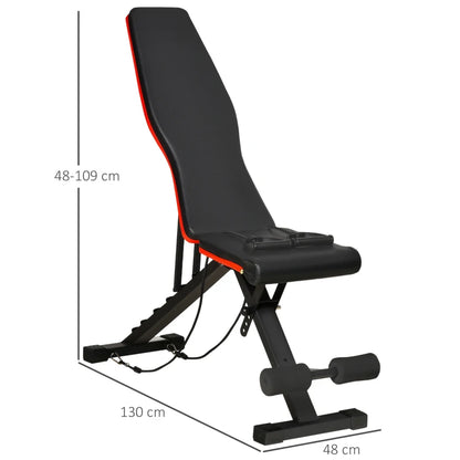 HOMCOM Panca Multifunzione per Addominali e Pesi, Inclinazione Regolabile ed Elastici, 130x48x48-109cm, Nero