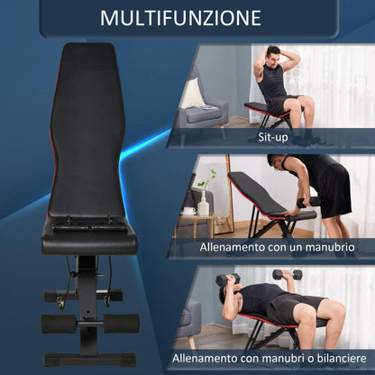 HOMCOM Panca Multifunzione per Addominali e Pesi, Inclinazione Regolabile ed Elastici, 130x48x48-109cm, Nero