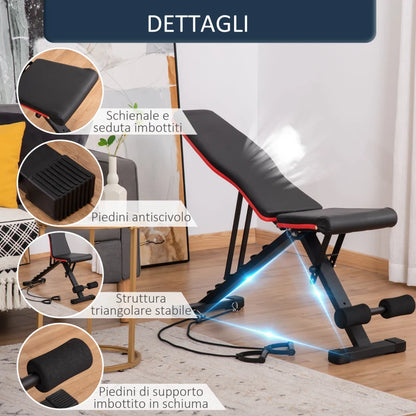 HOMCOM Panca Multifunzione per Addominali e Pesi, Inclinazione Regolabile ed Elastici, 130x48x48-109cm, Nero