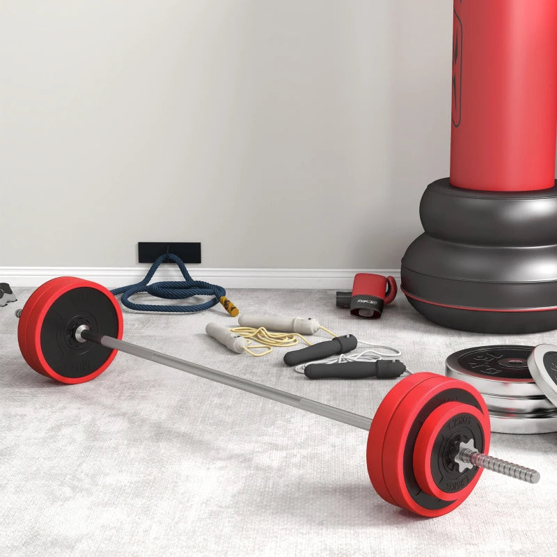 SPORTNOW Set Bilanciere e Dischi da 30 kg totali con 6 Pesi e 2 Dadi, in Metallo, PU e Sabbia, 170x26x26 cm, Rosso