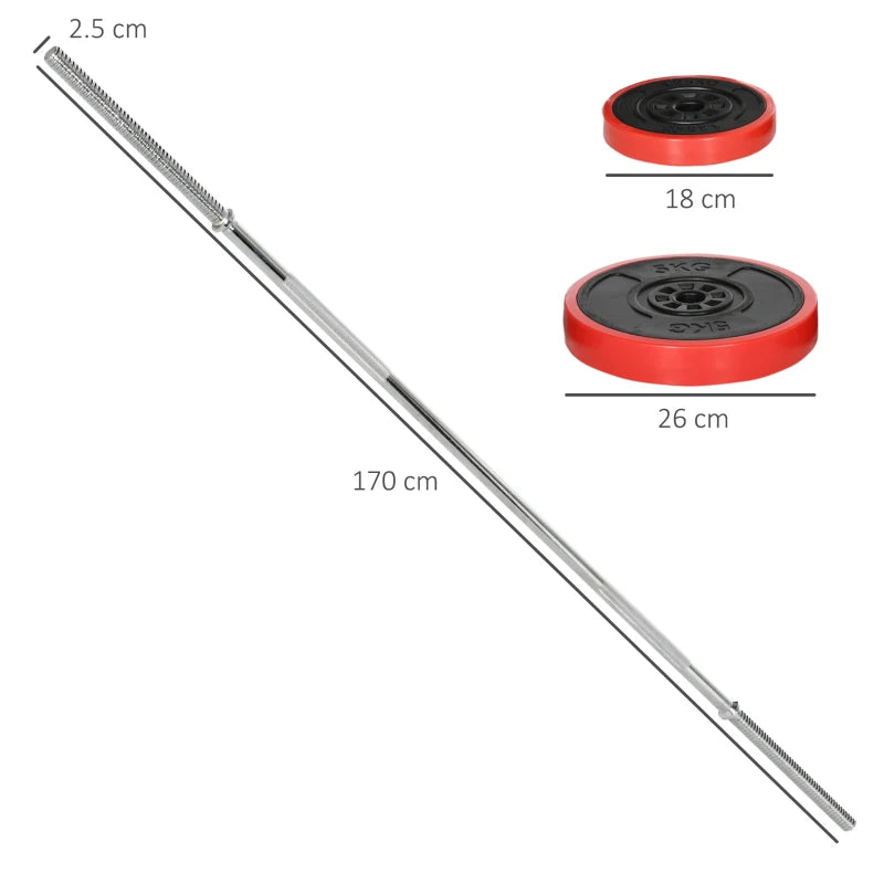 SPORTNOW Set Bilanciere e Dischi da 30 kg totali con 6 Pesi e 2 Dadi, in Metallo, PU e Sabbia, 170x26x26 cm, Rosso