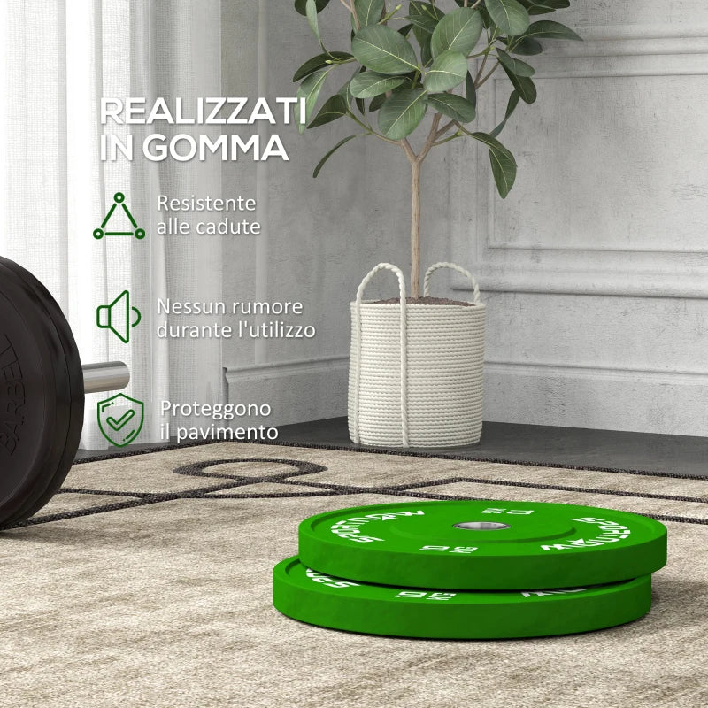 SPORTNOW Set 2 Dischi Pesi da 10kg in Gomma con Foro da 2"/5 cm per Manubri e Bilancieri, Verde
