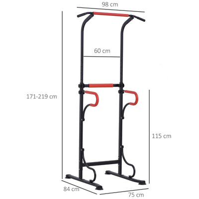 HOMCOM Barra per Trazioni Power Tower Stazione Fitness Multifunzione con Altezza Regolabile 171-219cm Nero Rosso