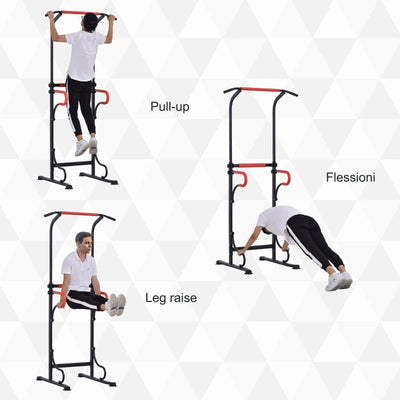 HOMCOM Barra per Trazioni Power Tower Stazione Fitness Multifunzione con Altezza Regolabile 171-219cm Nero Rosso