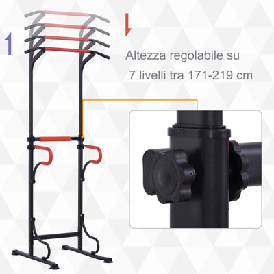 HOMCOM Barra per Trazioni Power Tower Stazione Fitness Multifunzione con Altezza Regolabile 171-219cm Nero Rosso