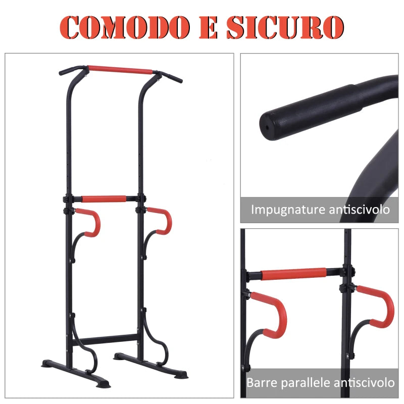 HOMCOM Barra per Trazioni Power Tower Stazione Fitness Multifunzione con Altezza Regolabile 171-219cm Nero Rosso