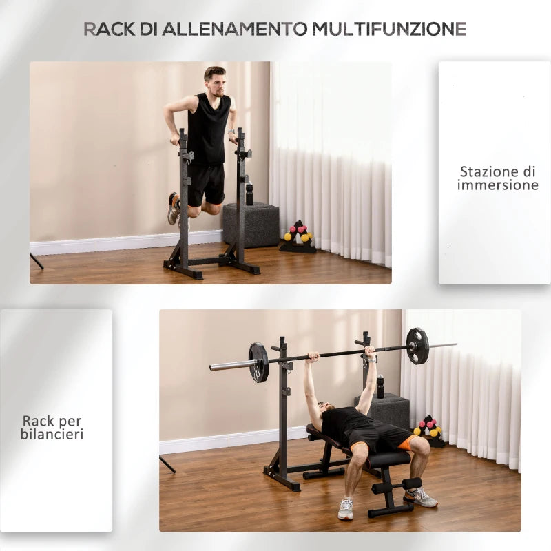 SPORTNOW Supporto per Bilanciere con Altezza e Larghezza Regolabili in Acciaio ed EVA, 60-87x65x121-158cm, Nero