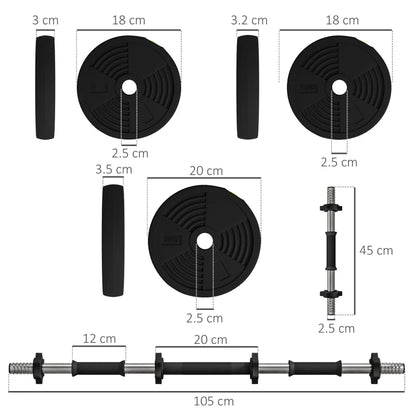 SPORTNOW Set 2 in 1 con 2 Manubri Convertibili in Bilanciere, Peso Totale 20 kg e Dischi Pesi Regolabili, Nero