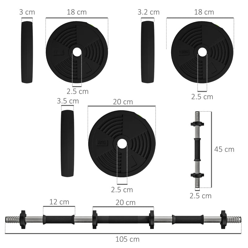 SPORTNOW Set 2 in 1 con 2 Manubri Convertibili in Bilanciere, Peso Totale 20 kg e Dischi Pesi Regolabili, Nero