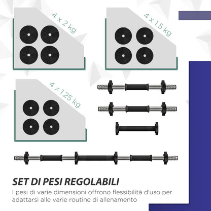 SPORTNOW Set 2 in 1 con 2 Manubri Convertibili in Bilanciere, Peso Totale 20 kg e Dischi Pesi Regolabili, Nero