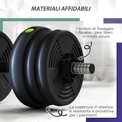 SPORTNOW Set 2 in 1 con 2 Manubri Convertibili in Bilanciere, Peso Totale 20 kg e Dischi Pesi Regolabili, Nero