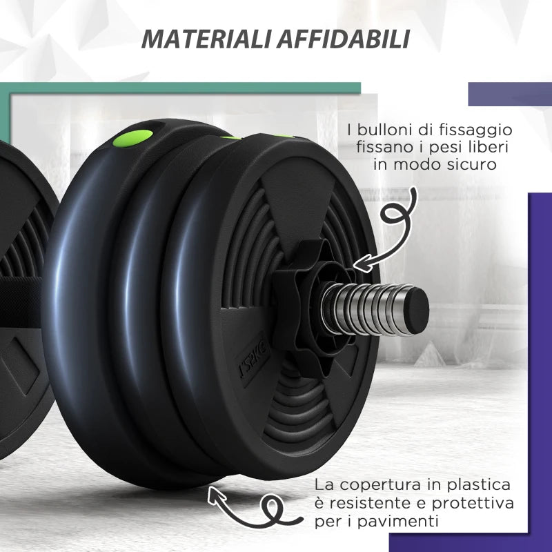 SPORTNOW Set 2 in 1 con 2 Manubri Convertibili in Bilanciere, Peso Totale 20 kg e Dischi Pesi Regolabili, Nero