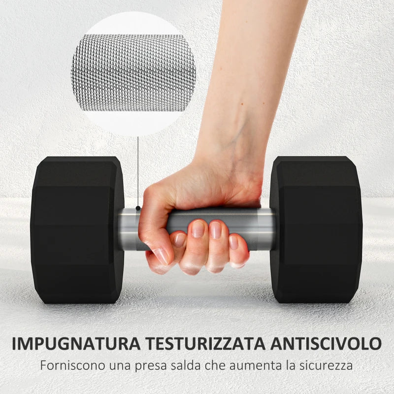 SPORTNOW Set 2 Manubri a 12 Lati da 8 kg in Metallo e Gomma con Impugnatura Antiscivolo, 26x12x12 cm, Nero