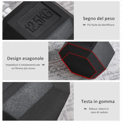HOMCOM Manubrio da 12.5 kg Esagonale Singolo con Impugnatura Zigrinata Antiscivolo, Nero
