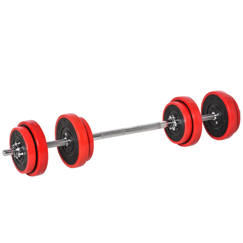 HOMCOM Set 2 in 1 Bilanciere e Manubri Pesi da 20kg, Dischi con Rivestimento in Plastica Antigraffio, Rosso e Nero