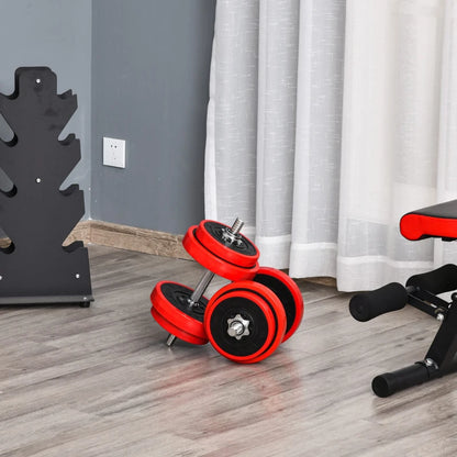 HOMCOM Set 2 in 1 Bilanciere e Manubri Pesi da 20kg, Dischi con Rivestimento in Plastica Antigraffio, Rosso e Nero