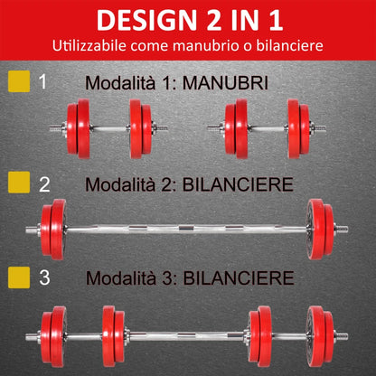 HOMCOM Set 2 in 1 Bilanciere e Manubri Pesi da 20kg, Dischi con Rivestimento in Plastica Antigraffio, Rosso e Nero