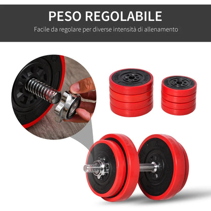 HOMCOM Set 2 in 1 Bilanciere e Manubri Pesi da 20kg, Dischi con Rivestimento in Plastica Antigraffio, Rosso e Nero