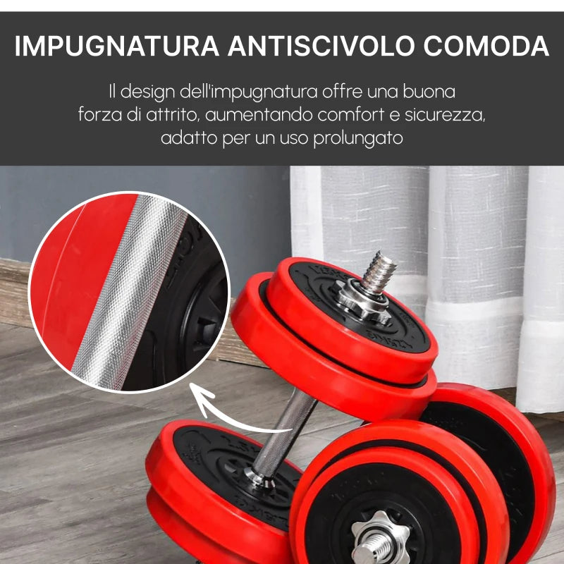 HOMCOM Set 2 in 1 Bilanciere e Manubri Pesi da 20kg, Dischi con Rivestimento in Plastica Antigraffio, Rosso e Nero