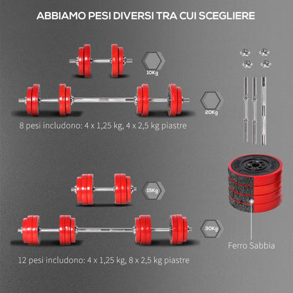 HOMCOM Set 2 in 1 Bilanciere e Manubri Pesi da 20kg, Dischi con Rivestimento in Plastica Antigraffio, Rosso e Nero