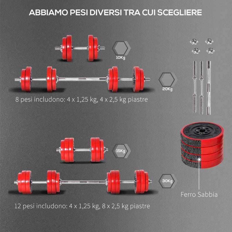HOMCOM Set 2 in 1 Bilanciere e Manubri Pesi da 20kg, Dischi con Rivestimento in Plastica Antigraffio, Rosso e Nero