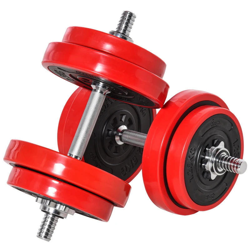 HOMCOM Set 2 in 1 Bilanciere e Manubri Pesi da 20kg, Dischi con Rivestimento in Plastica Antigraffio, Rosso e Nero