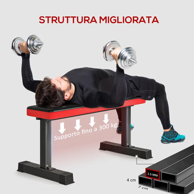 SPORTNOW Panca Piana per Pesi e Addominali in Acciaio con Cuscino e Capacità 300kg, 106x26x48cm, Nero