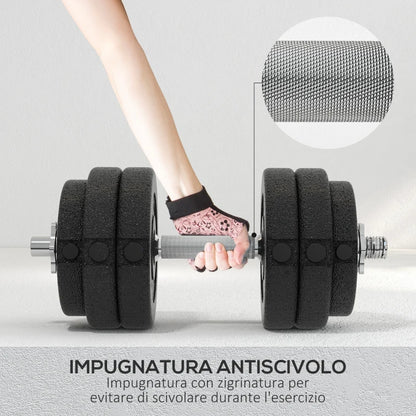 HOMCOM Set Pesi Manubri da 30 kg (8x2.5 kg, 4x1.5 kg) con 12 Dischi e 2 Manubri da 2 kg, 43x18x7.5 cm, Nero