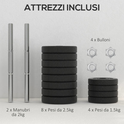 HOMCOM Set Pesi Manubri da 30 kg (8x2.5 kg, 4x1.5 kg) con 12 Dischi e 2 Manubri da 2 kg, 43x18x7.5 cm, Nero