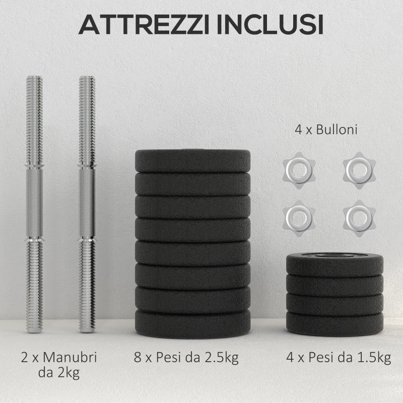 HOMCOM Set Pesi Manubri da 30 kg (8x2.5 kg, 4x1.5 kg) con 12 Dischi e 2 Manubri da 2 kg, 43x18x7.5 cm, Nero